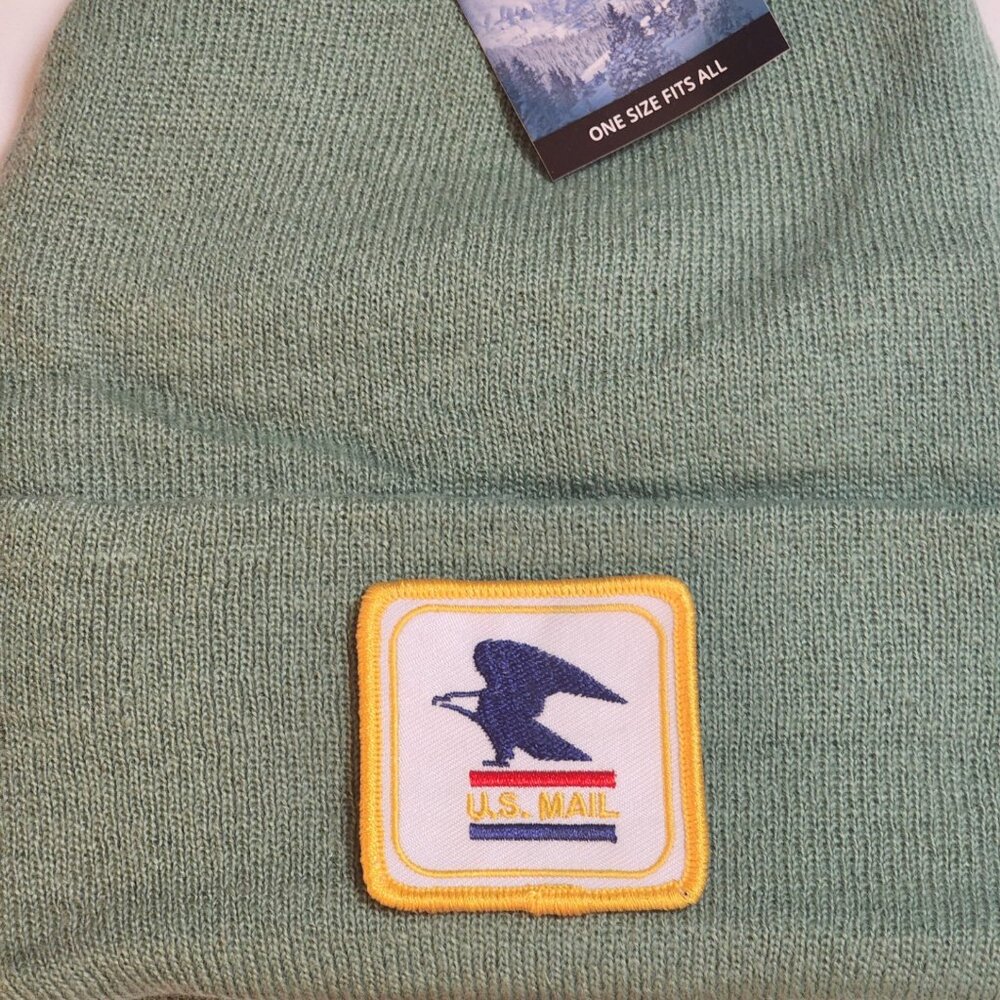 U.S. MAIL Patched Knit Cuffed Beanie in Mint Green.